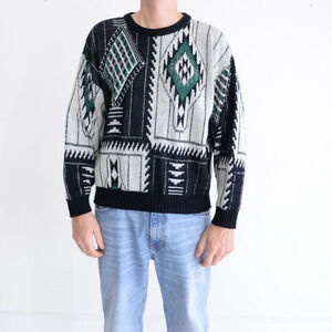 VTG Bobbi Sean Creations Navy White 3D Pattern Eclectic Grandpa Crewneck Sweater